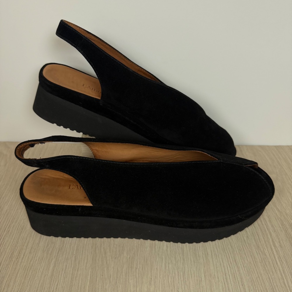 Platform Sandal L'Amour Des Pieds W 11M Black Suede Ahndray Slingback PeepToe